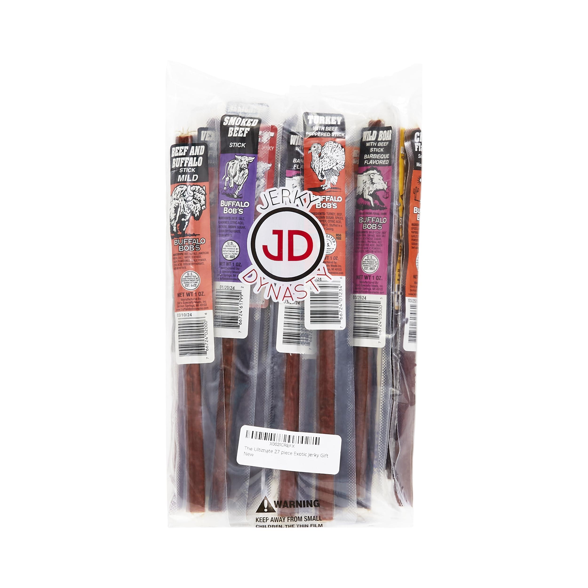 Jerky Dynasty Jerky Dynasty The Ultimate 27-Piece Exotic Jerky Gift Set - Buffalo Bob\'s Wild Game Jerky Variety Pack - Exclusive Flavors, Hefty Discount, Great for Stocking Stuffer & Protein Snack - Farm-Raised