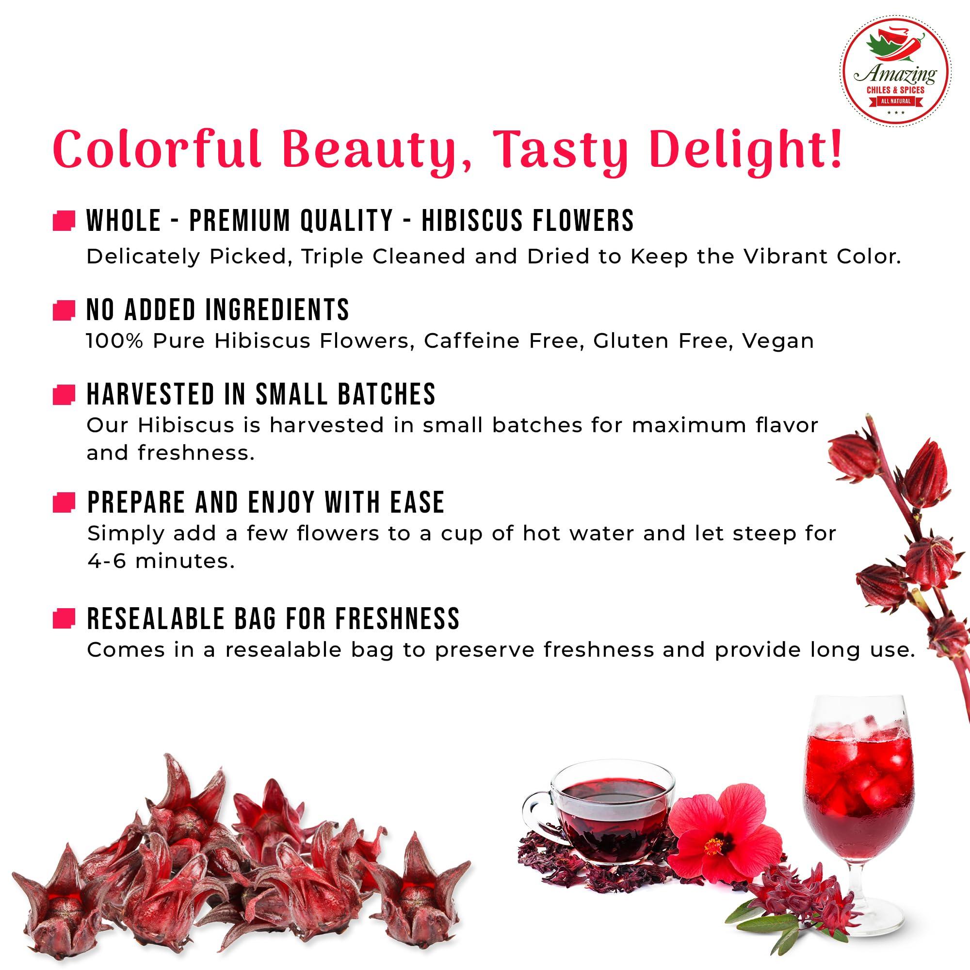 Amazing Chiles & Spices Hibiscus Flowers 2lb (32oz) – All Natural, Triple Cleaned - Whole Soft Flowers and Petals - Flor de Jamaica. Great for Hot or Iced Tea and Agua Fresca. By Amazing Chiles and Spices