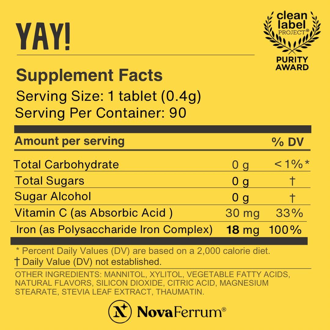 NovaFerrum NovaFerrum Yay | Chewable Iron Supplement for Kids & Adults for Anemia | 18mg of Iron | 90 Servings | Sugar Free | Vegan | Gluten Free | Orange Flavor
