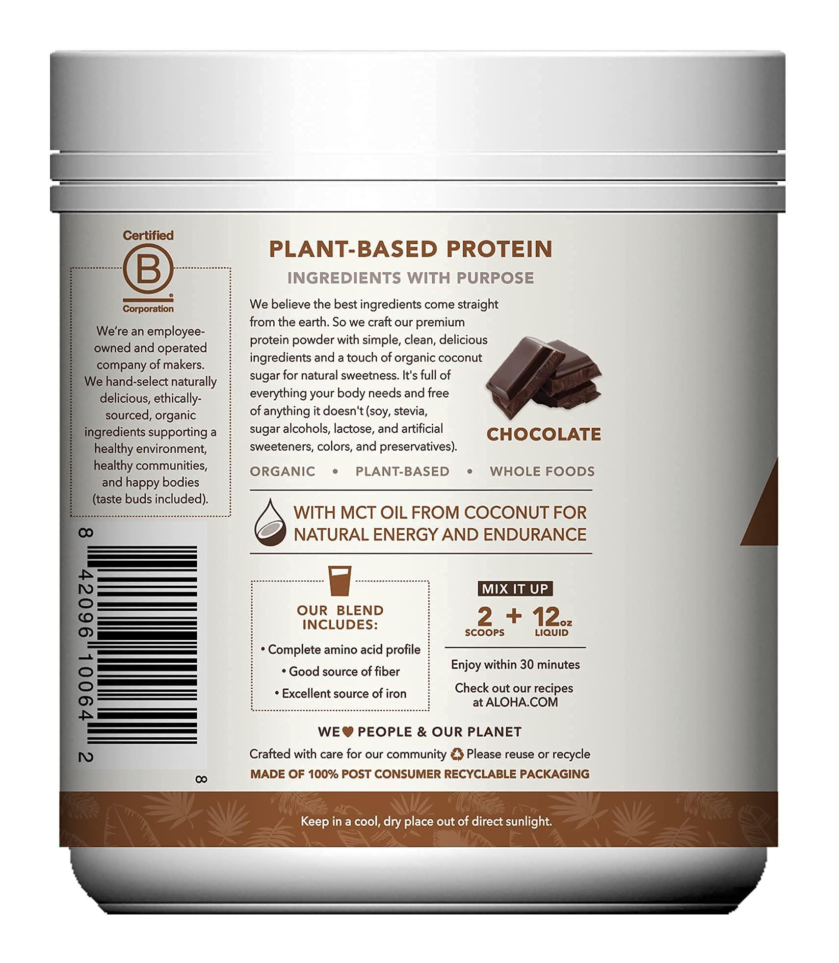 ALOHA ALOHA Organic Plant Based Protein Powder, Stevia Free, Chocolate, 19.6 oz, 15 Servings