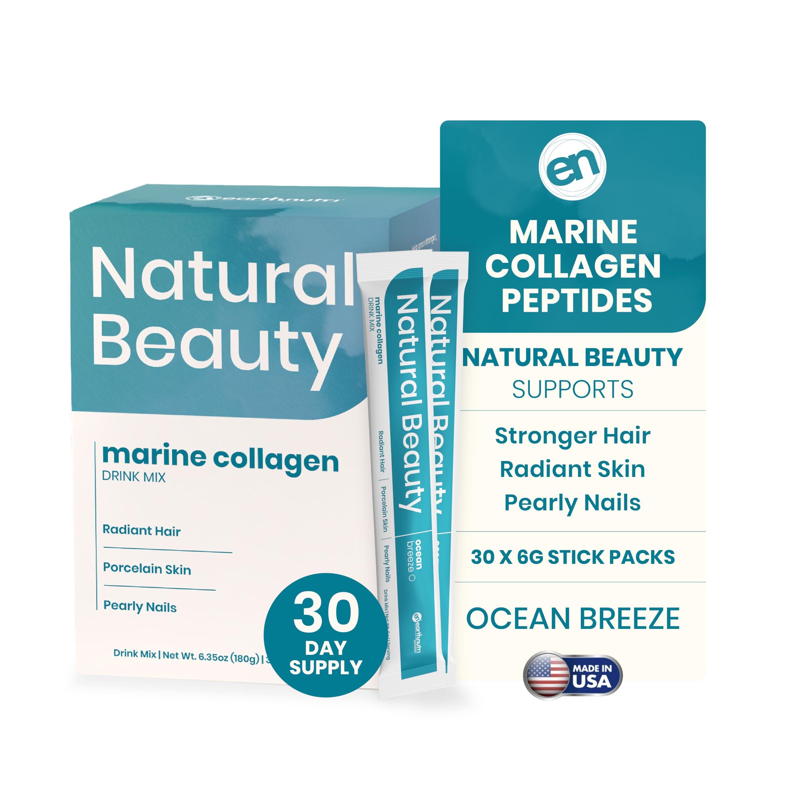 EarthNutri EarthNutri Marine Collagen Peptides Powder Supplement for Skin, Hair & Nails Enhances Skin Elasticity & Hydration Hydrolyzed Collagen 5000mg per Serving Non-GMO Ocean Breeze (30 Sticks Pack)