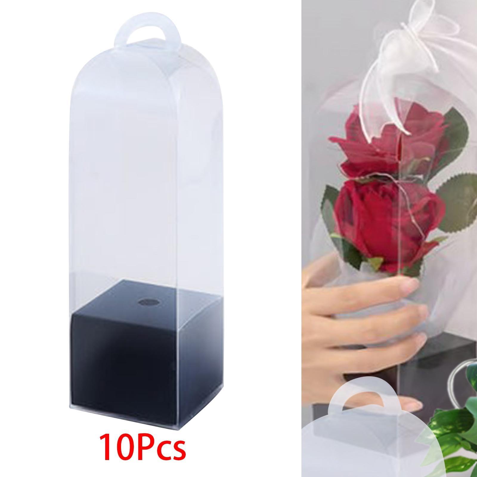B Baosity 10 Pieces Flower Gift Boxes Single Rose Flower Box Empty with Handle Transparent Reusable Gift Bags Bag Flower Packaging Box for Anniversary, Black