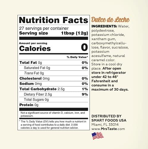 Mrs Taste Mrs Taste Sugar Free Dulce de Leche, Zero Calories, Zero Sodium, Zero Sugar, High Fiber, Keto Friendly, Paleo Friendly, Condiments and Sauces (11 oz, Dulche de Leche)