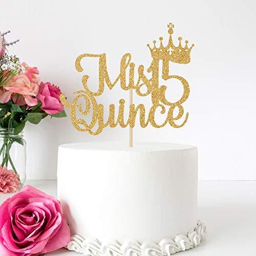 Bytorjar Mis Quince 15 Cake Topper, Hello 15, Cheers to 15 Years, 15th Birthday/Anniversary Party Decorations Gold Glitter.