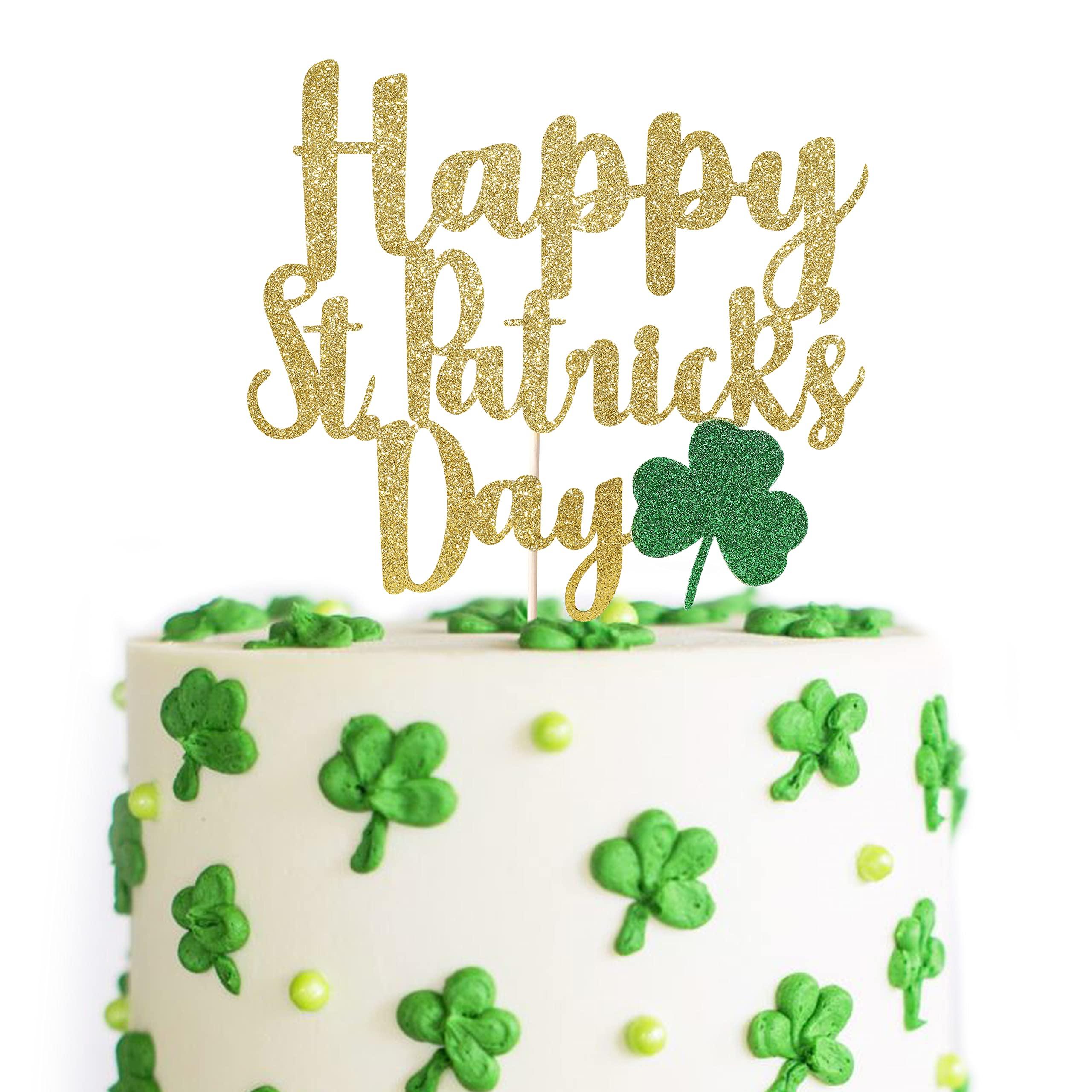 BOOMPA St Patrick’s Day Birthday Cake Topper - Lucky St Paddy’s Day Four Leaf Clover - Irish Themed Cake Decorations - Lucky 1st Happy Birthday For Gold Cake Flag - Best Photo Booth Props (St Patrick’s Day)