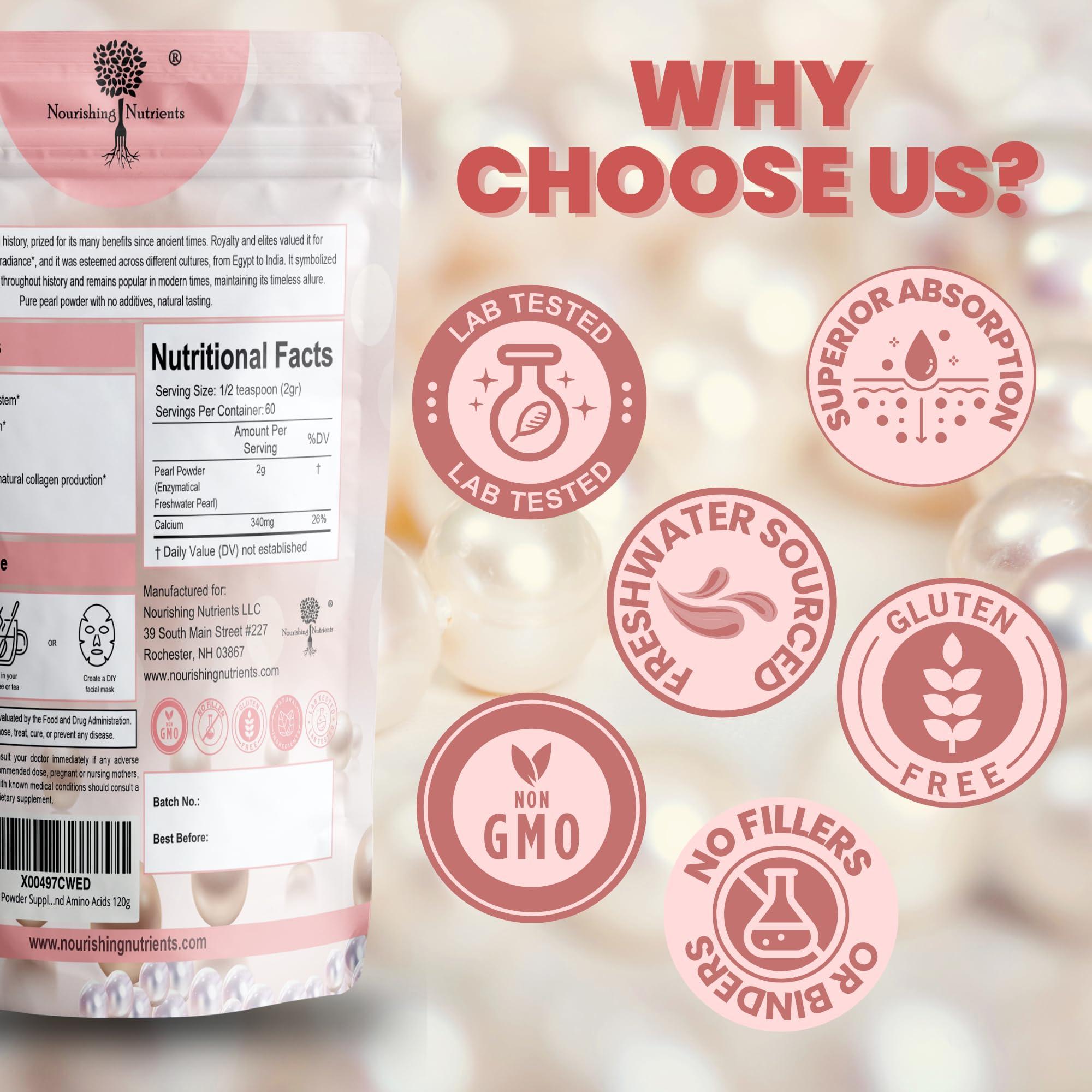 Nourishing Nutrients Pearl Powder Supplement for Skin Health - Anti-Aging, Antioxidant & Collagen Production - Healthy Eyes, Hair and Nails, Supports Immunity, Mood and Sleep - With Calcium and Amino Acids 60g 30 servings