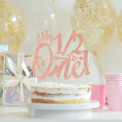 LOVELY BITON 1/2 Way to One Cake Topper, Half Way to One, 1/2 Birthday Cake Topper, Baby Boys Girls 6 Months Birthday Party Decorations Supplies Rose Gold Glitter