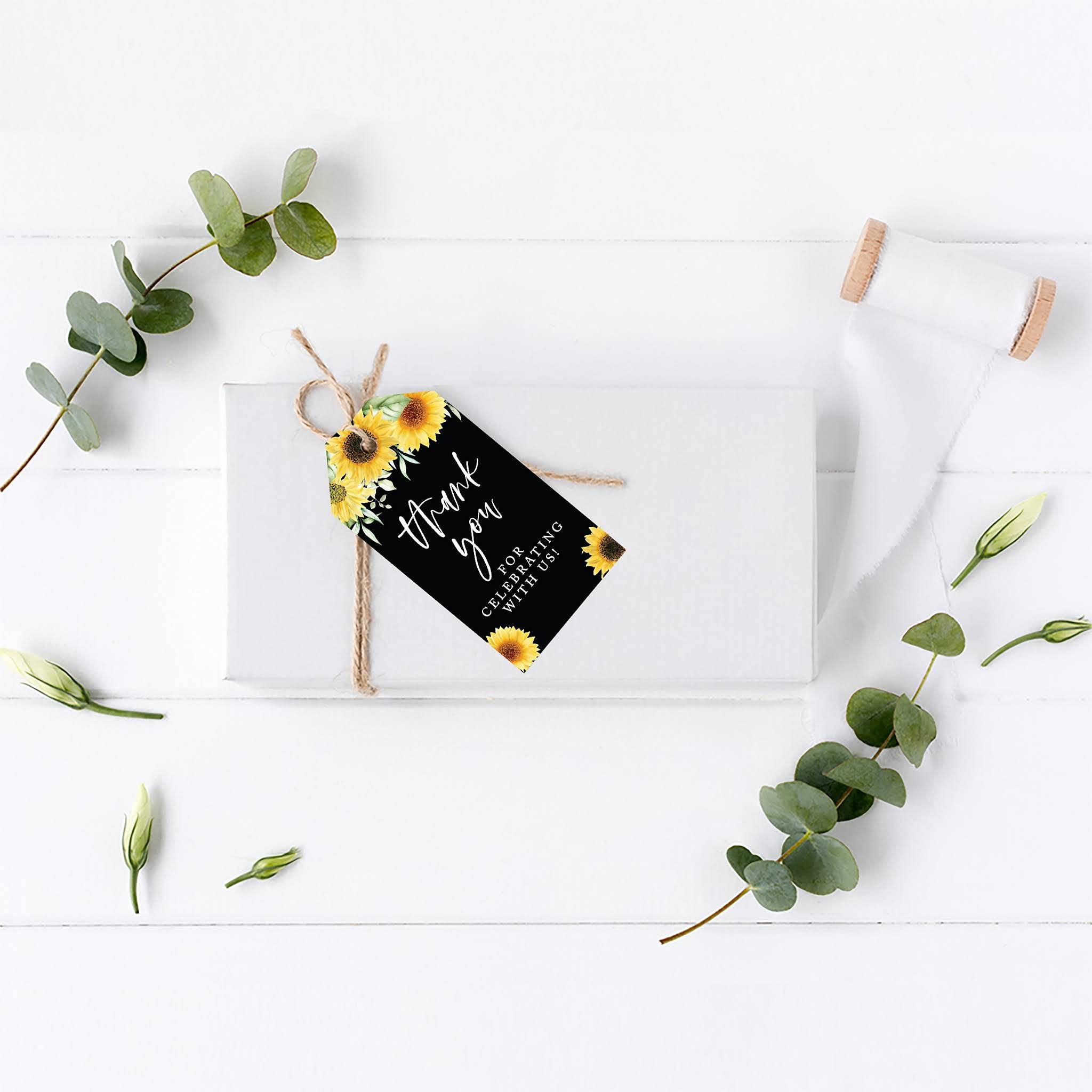 Andaz Press Andaz Press 100-Pack Thank You for Celebrating with Us Favor Tags Sunflowers Black Background Cardstock Gift Tags with Bakers Twine for Wedding Baby Shower Bridal Shower Party Favors 2 x 3.75-Inches