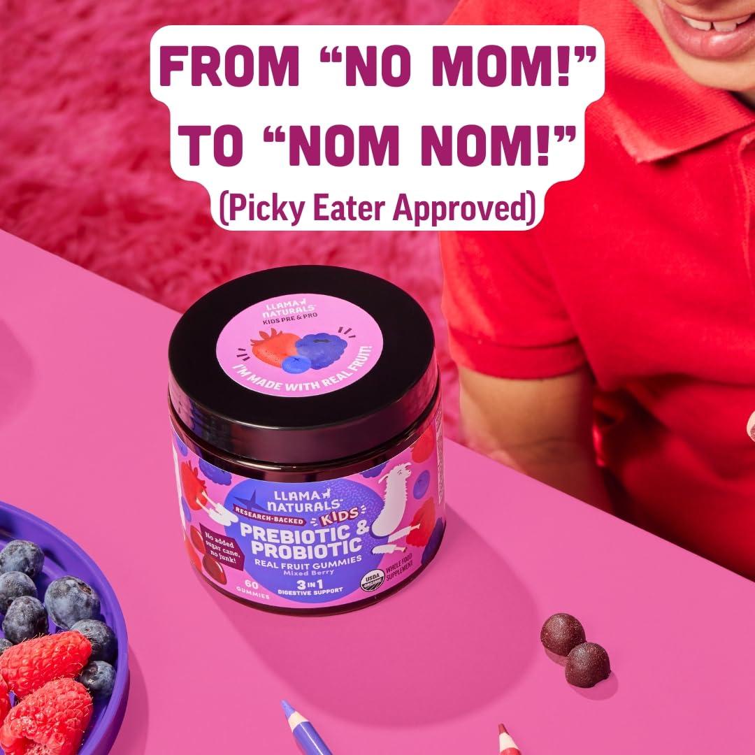 Llama Naturals Llama Naturals Real Fruit Prebiotic & Probiotic Kids Gummies, No Added Sugar Cane, Children Digestion, Toddler Tummy Aches, Gut Health, 2B CFU, Mixed Berry, 60 ct (30-60 Days)