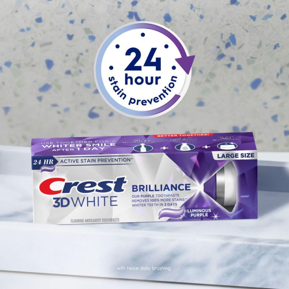 Crest Crest 3D White Brilliance Luminous Purple Teeth Whitening Toothpaste, 4.6 oz Pack of 3, Anticavity Fluoride Toothpaste, Fights 100% More Surface Stains, 24 Hour Active Stain Prevention
