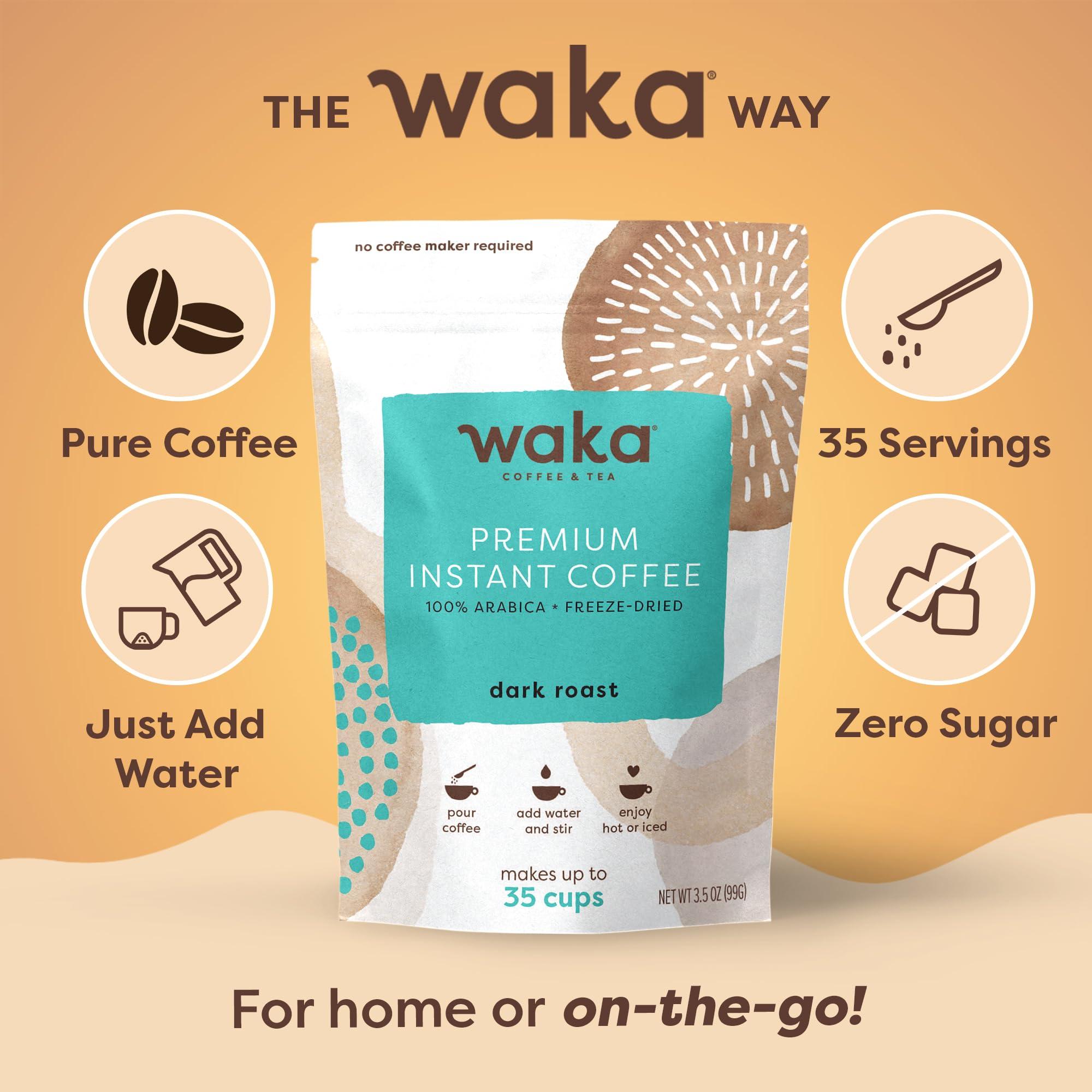 Waka Coffee Waka Instant Coffee, Dark Roast - 100% Arabica Beans, Freeze Dried Granules, No Additives - Single Serve Packets for Quick Hot and Iced Coffees (8 Individual Coffee Packets)