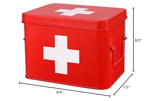 Flexzion Flexzion First Aid Box Organizer, Empty 8.5 Inch Red Vintage First Aid Kit Tin Metal Medical Box First Aid Storage Box Container Bins with Dividers, Removable Tray and Cross Logo