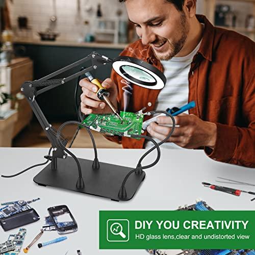 EOOKU Magnifying Glass with Light and Stand, EOOKU Flexible Magnetic Helping Hand, 5X&10X 12V 108pcs LED Beads Magnifying Lamp, 3 Modes Adjustable Swivel Gooseneck Arms & Heavy Duty Base Plate
