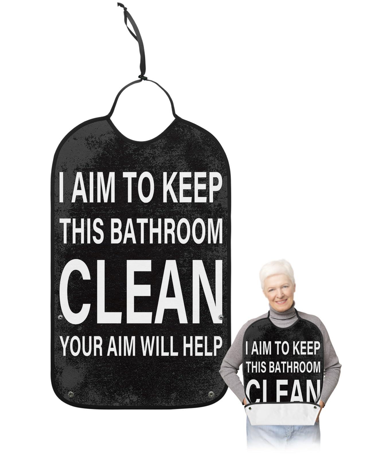 LEOKOTI Bathroom Keep Clean Adult Bibs for Eating, Waterproof Bibs with Food Catcher & Adjustable Snap Closure, Black Backdrop White Words Washable Clothing Protectors Adult Bibs for Elderly Women/Men