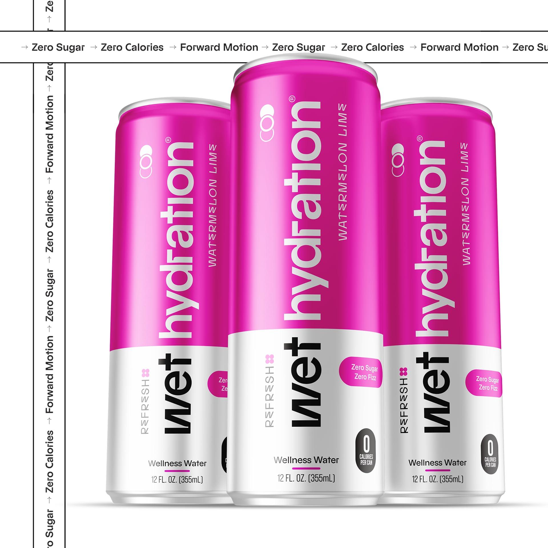 WET HYDRATION Wet Hydration, Zero Calorie, Functional Wellness Water - Watermelon Lemon Lime (12 Ounce Cans, Pack of 12) - Flavored Water, Hydration Drink, No Sugar, No Artificial Ingredients, Zero Calories