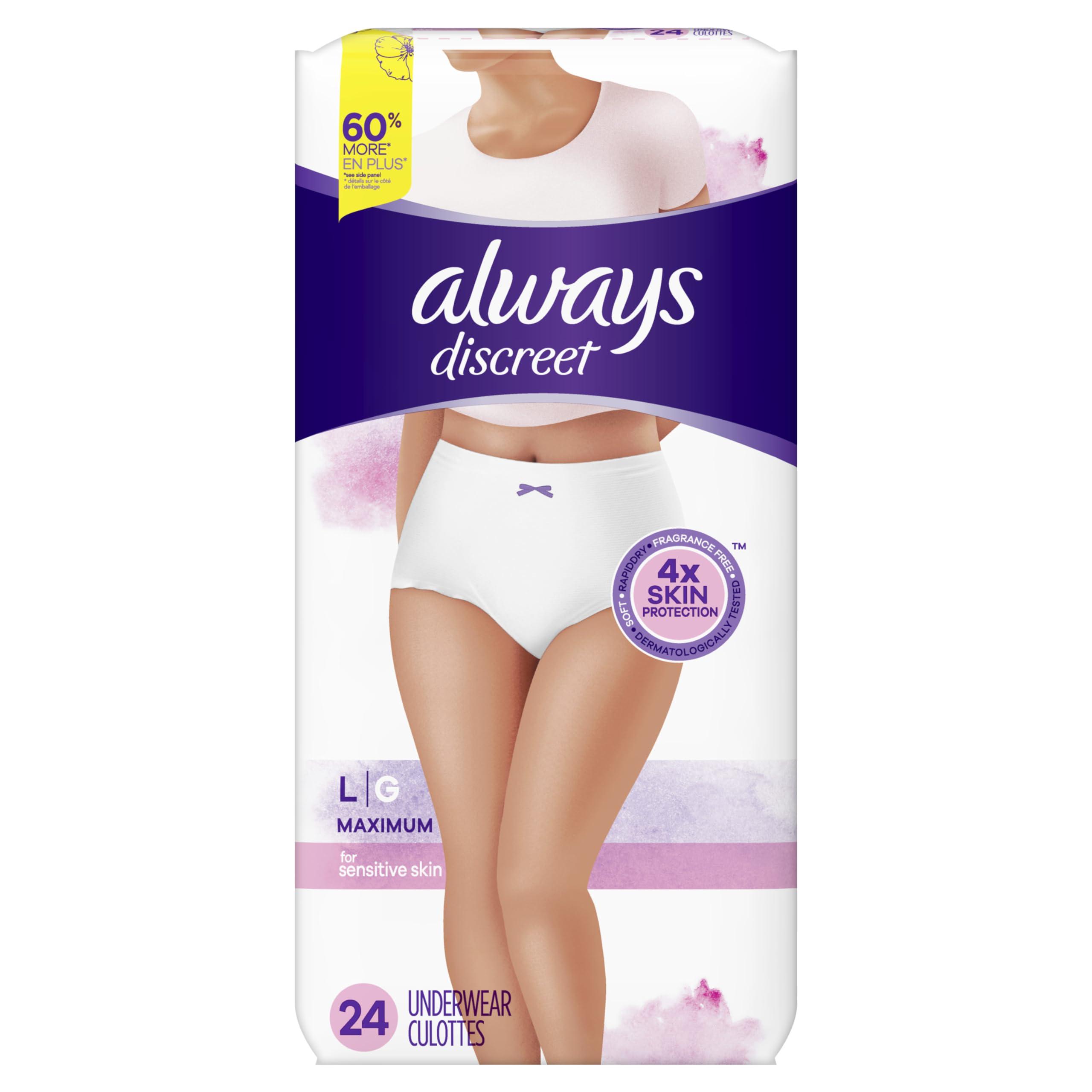 Always Discreet Always Discreet Sensitive, Incontinence & Postpartum Underwear for Women, Maximum Plus Protection, Large, 24 Count (Pack of 2)