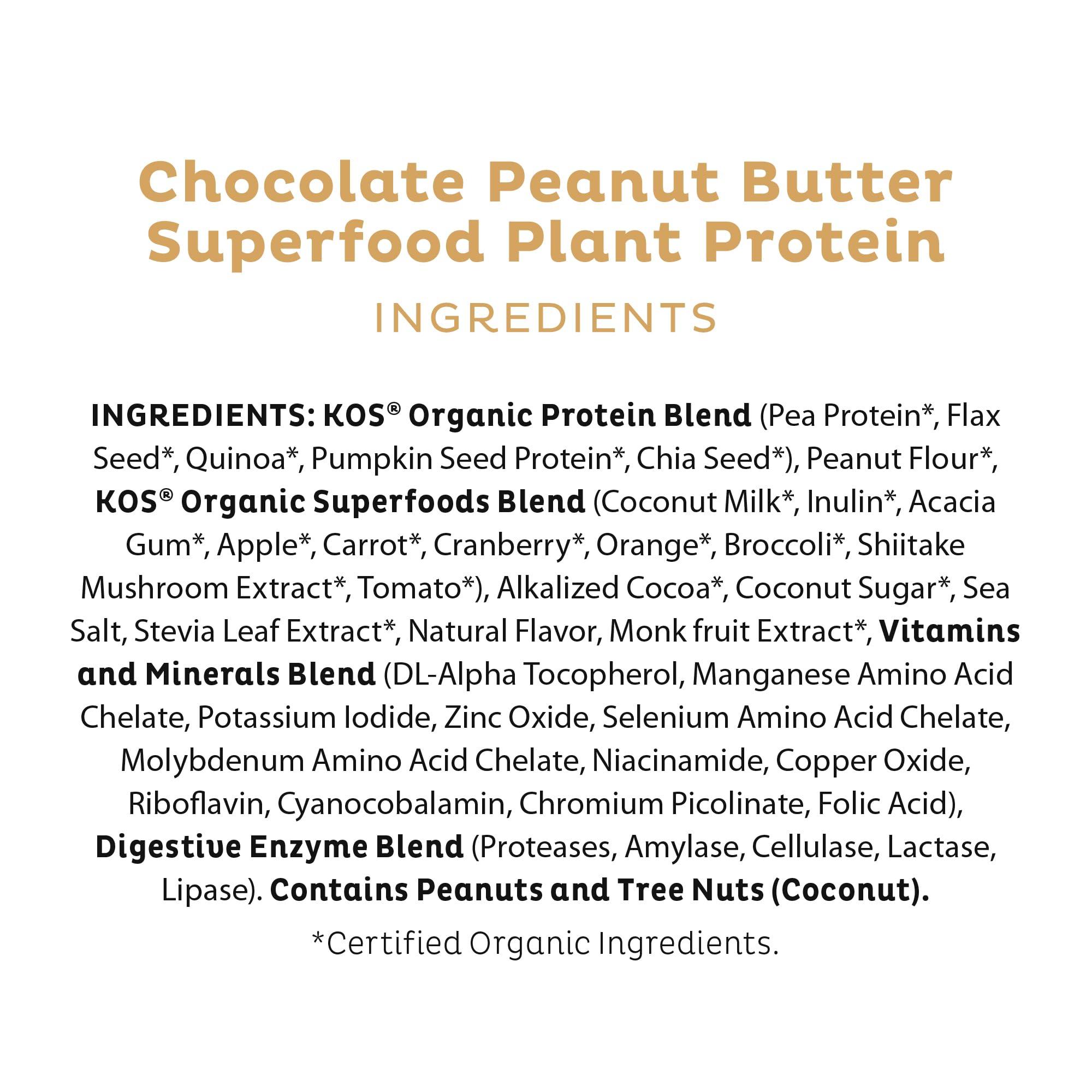 KOS KOS Organic Plant Based Protein Powder, Chocolate Peanut Butter - Delicious Vegan Protein Powder Meal Replacement - Keto Friendly, Gluten Free, Dairy Free & Soy Free - 2.4 lbs, 28 Servings