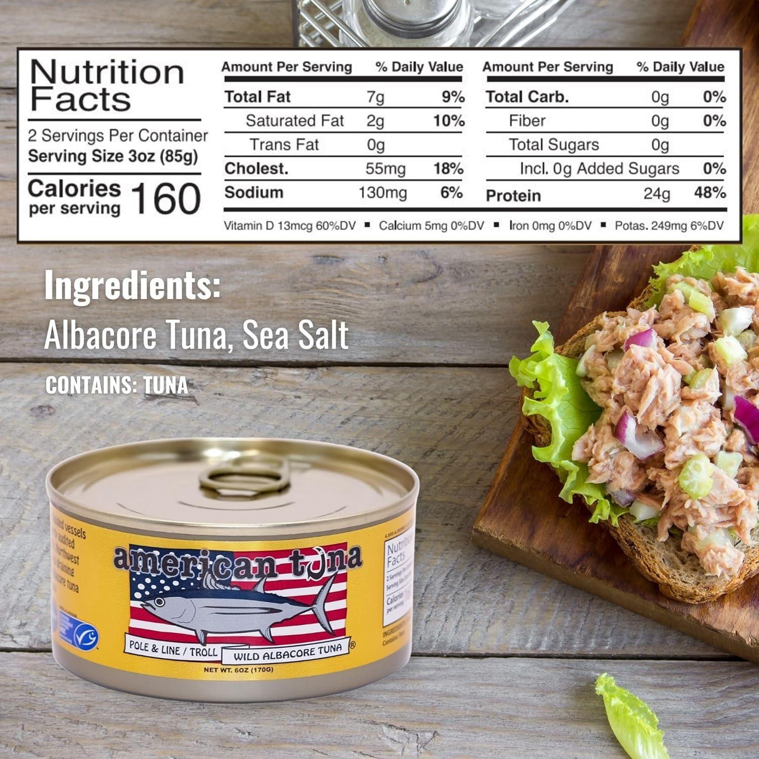 American Tuna Wild Albacore Tuna Fish by American Tuna - with Sea Salt, MSC Certified, Sustainable One by One Pole Wild Caught Fish - 6 oz cans | Pack of 12 | Premium Canned Tuna for Health and Flavor Enthusiasts!