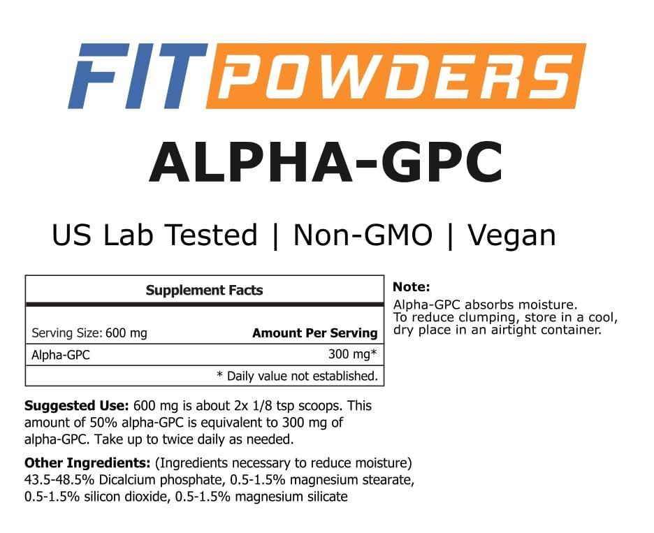 FitPowders FitPowders Alpha-GPC Powder 250 Grams, Non-GMO Alpha GPC Supplement Choline Powder, Vegan, Third Party Tested, Pre-Workout, Memory and Focus, with Scoop