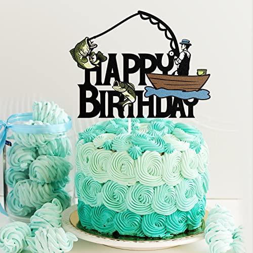 Caiwowo Gone Fishing Happy Birthday Cake Topper - Happy Retirement 50th 60th Birthday Party Glitter Cake Topper For Men - Happy Father's Day Fishing Themed Party Decorations