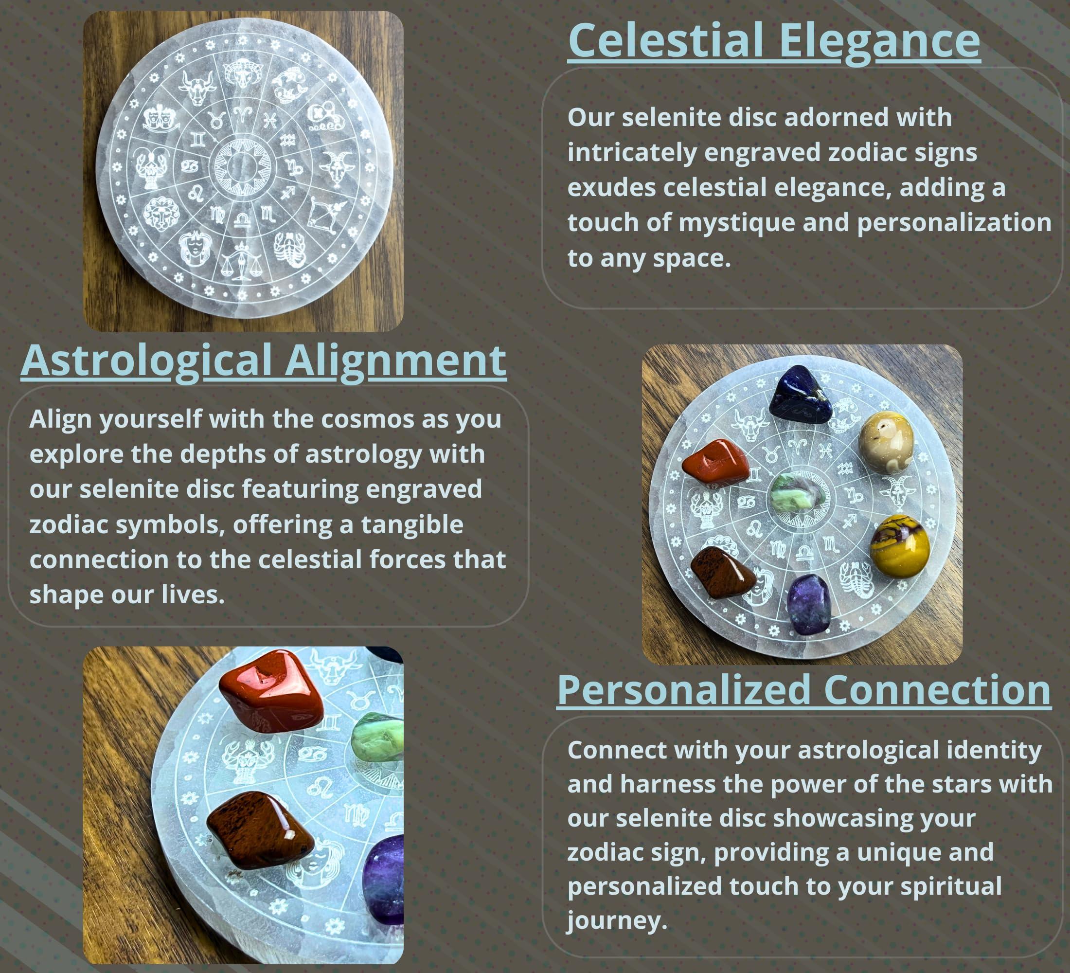 Xen Minerals Xen Minerals Selenite Disk with Zodiac Engraving Crystal Jewelry Charging Plate Tray Coaster Stone, scrying Plates Board for Stones, Crystals Hecate Altar grids and Healing Wicca Slab Wiccan Plate