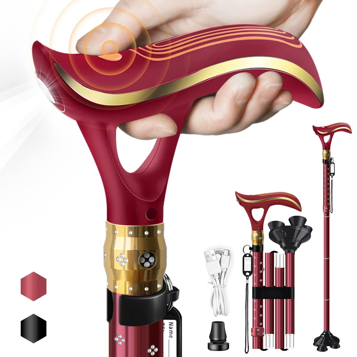 ispuoocti ispuoocti Folding Cane, Smart Alarm Foldable Cane with Light, Fashion Walking Cane for Women&Men, Adjustable Canes for Seniors, USB Direct Charging, Lightweight and Portable (Red)