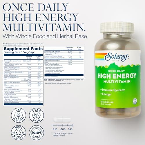 SOLARAY SOLARAY Once Daily High Energy Multivitamin for Women and Men - Energy Supplements - Immune Support w/Vitamin C, A, D and E, Vitamin B Complex, Trace Minerals, 60-Day Guarantee, 180 Serv, 180 VegCaps