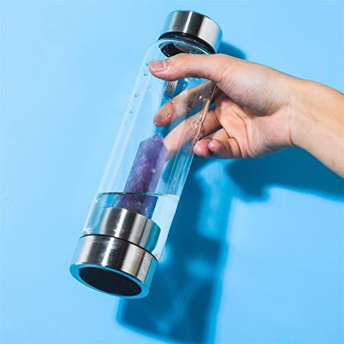 JewelBeauty Crystal Elixir Glass Water Bottle with Amethyst Gemstone Healing Crystal Infused Obelisk Wand Energy Cup (Amethyst)