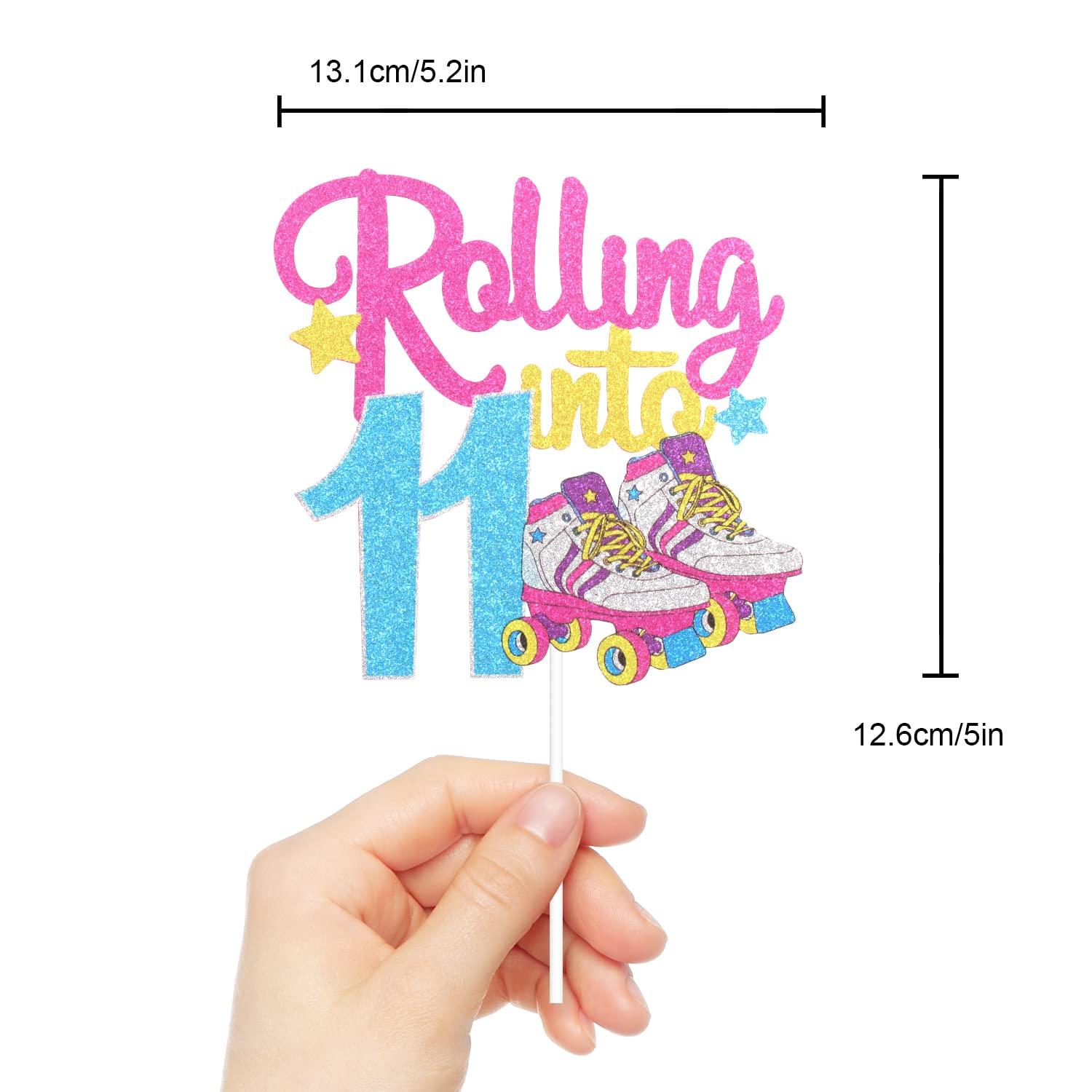 Caiwowo Rolling Into 11 Roller Skating Happy Birthday Cake Topper - 90's Throwback Girl's 11th Birthday Party Cake Topper Supplies - Roller Skating Party Supplies For Girls