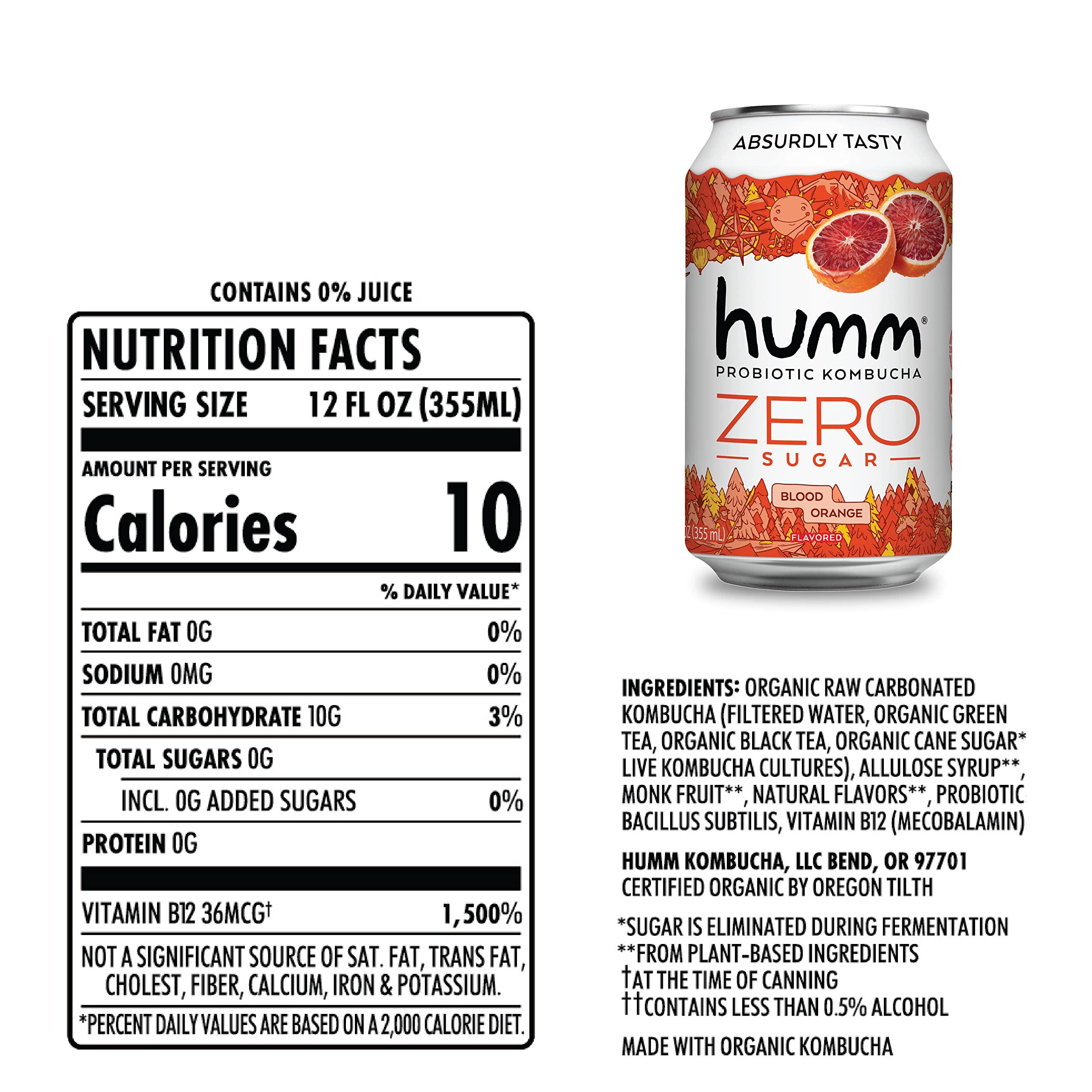 Humm Humm Probiotic Kombucha Zero Sugar Blood Orange - No Refrigeration Needed, Keto-Friendly, Organic, Vegan, Gluten-Free - 12oz Cans (8 Pack)