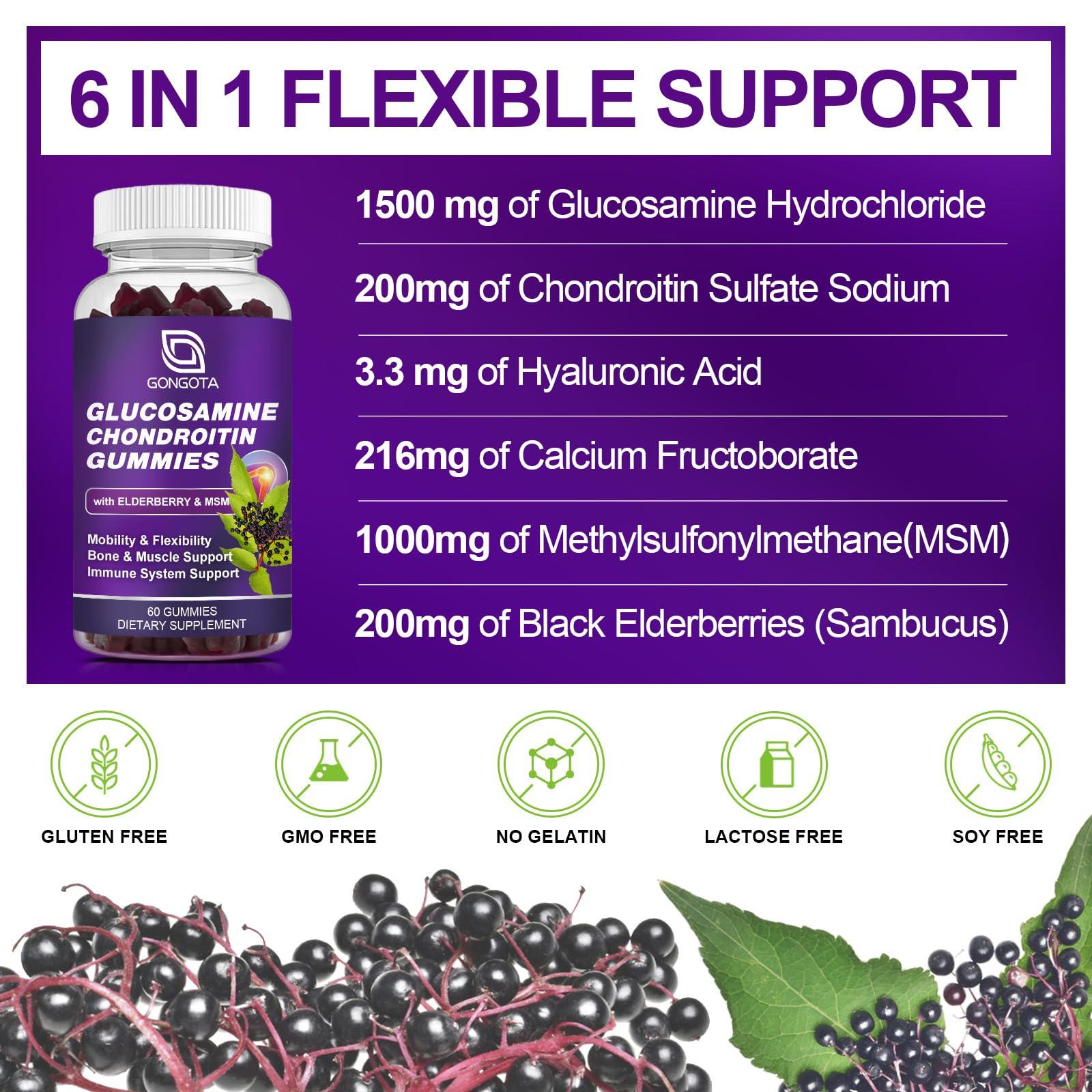 GONGOTA Glucosamine Chondroitin Gummies - 2- Pack, Extra Strength 1500mg Glucosamine with MSM & Elderberry, Joint Support Supplement, Best Cartilage & Immune Support Supplement for Men and Women - 120 count