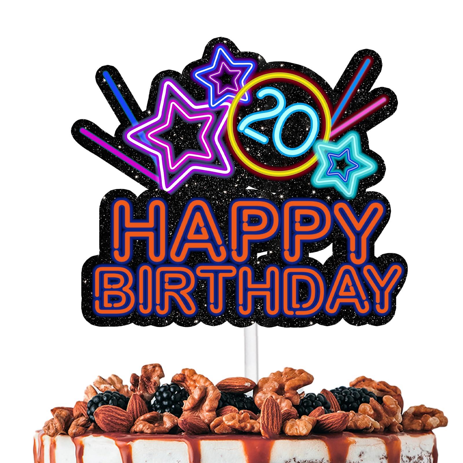 HEYUWING Colorful Glitter Star Happy Birthday 20 Cake Topper Lets Glow Crazy Party Theme Decoration Supplies Boys Girls Happy 20th Birthday Anniversary Party Decor Supplies