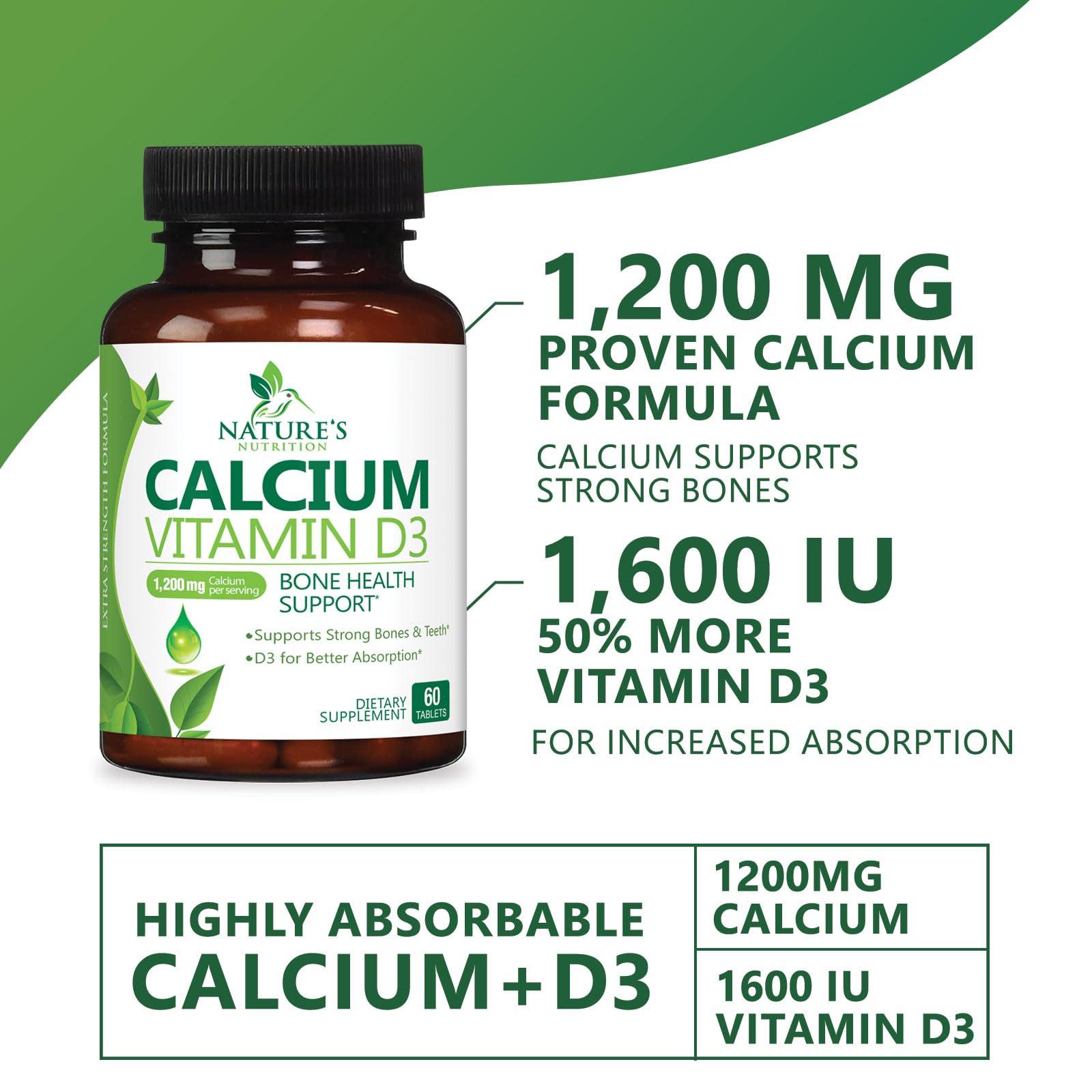 Nature's Nutrition Calcium 1200 mg with Vitamin D3, Calcium Supplement Vitamins, Supports Bone Strength, Teeth & Immune System, Calcium Supplements for Women & Men, Nature\'s Absorbable Calcium Carbonate - 60 Tablets