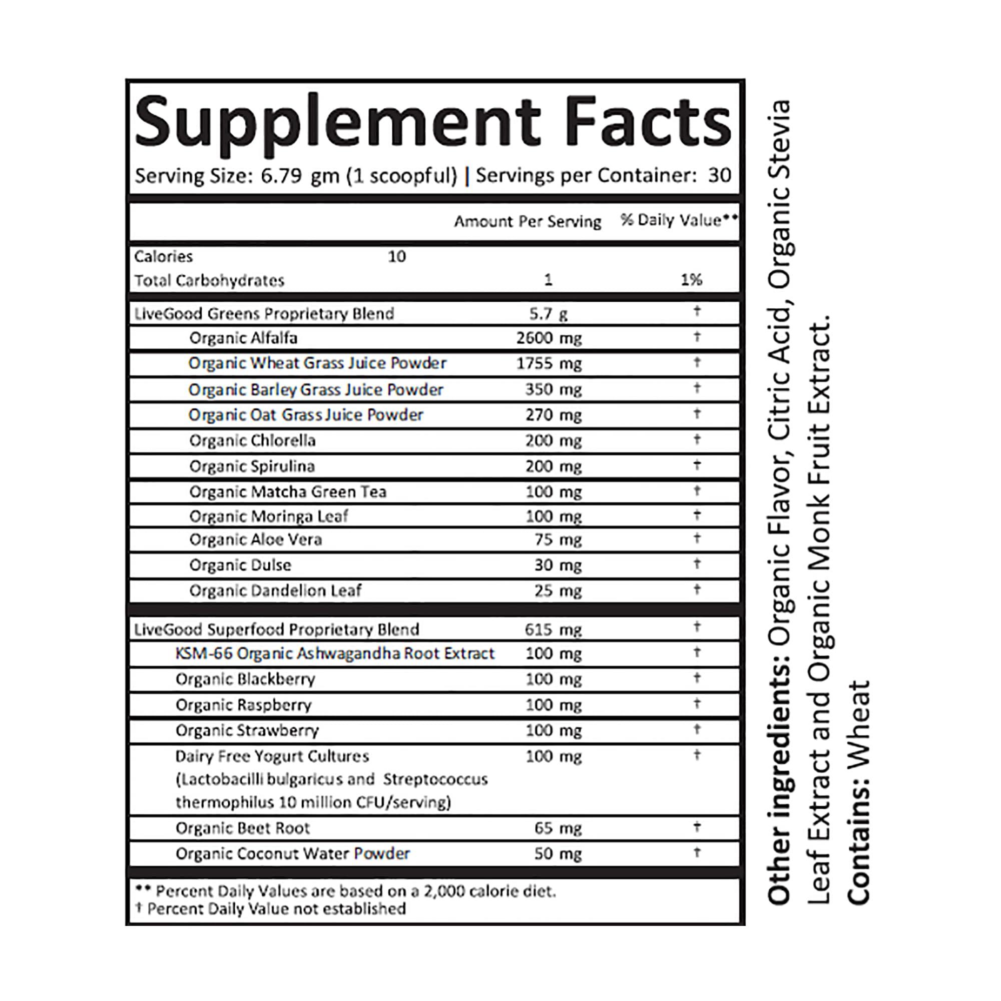 LIVEGOOD LIVEGOOD Organic Super Greens with Wheat, Barley, Oat Grass, Matcha Green Tea, Aloe Vera, Vegan, Gluten Free, 7.2 oz.