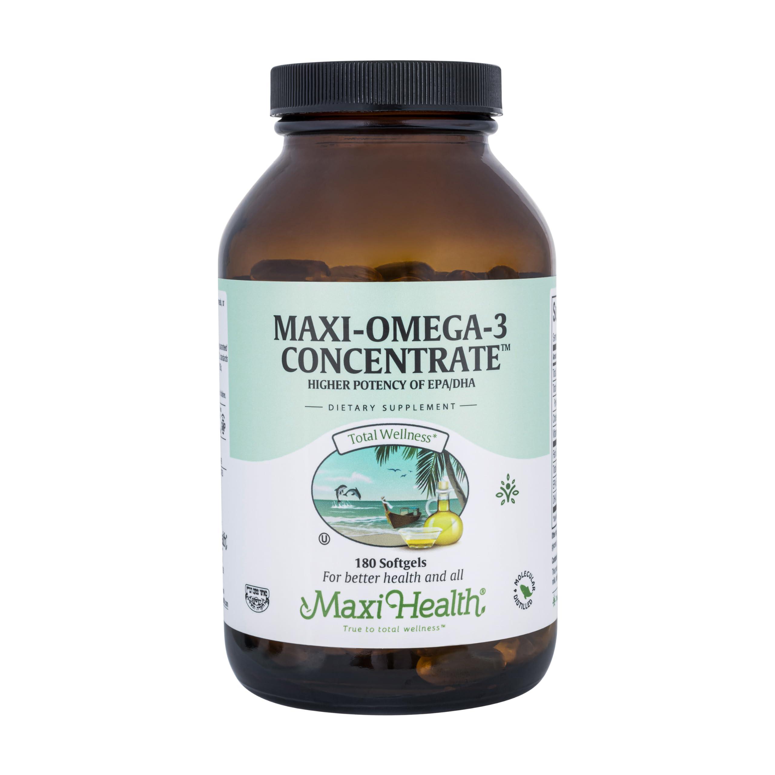 Maxi Health Omega 3 Supplement - Omega-3 Fish Oil Concentrate - Higher Potency Source of EPA/DHA Fatty Acids - Heart, Brain & Joint Health - Kosher Certified Wild Caught Marine Fish - 180 Vegetarian Softgels