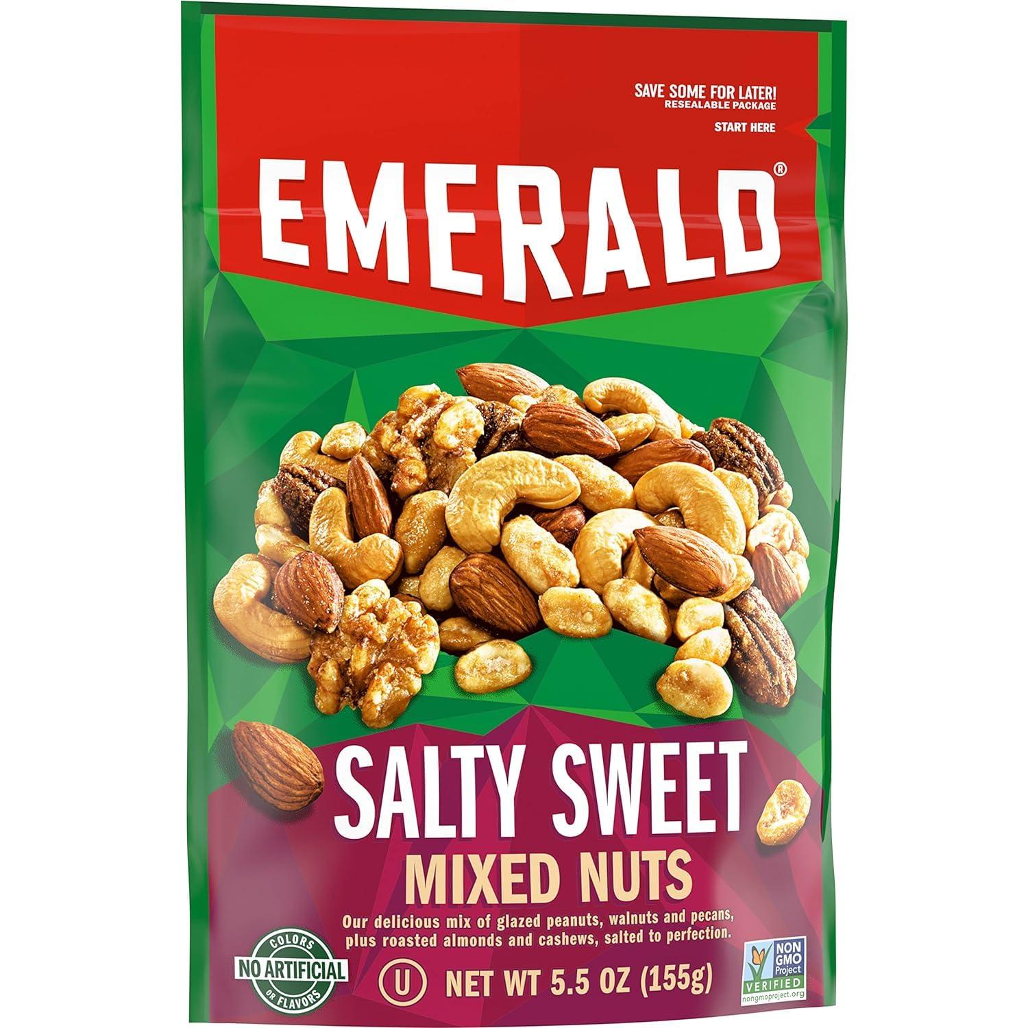 Emerald Emerald Nuts, Salty Sweet Mixed Nuts, Features Kettle Glazed Peanuts, Almonds, Cashews, Kettle Glazed Walnuts, Kettle Glazed Pecans, 5.5 Oz, Resealable Bag (Pack of 3)
