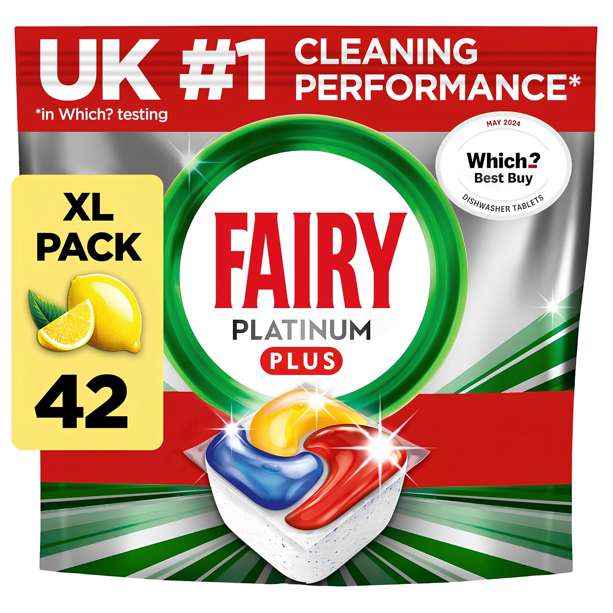 Fairy Fairy Platinum Plus All-In-1 Dishwasher Tablets Bulk, Fairy Dishwasher Tablets Platinum Plus, 42 Tablets, Lemon, With Anti-Dull Technology & Rinse Aid Action