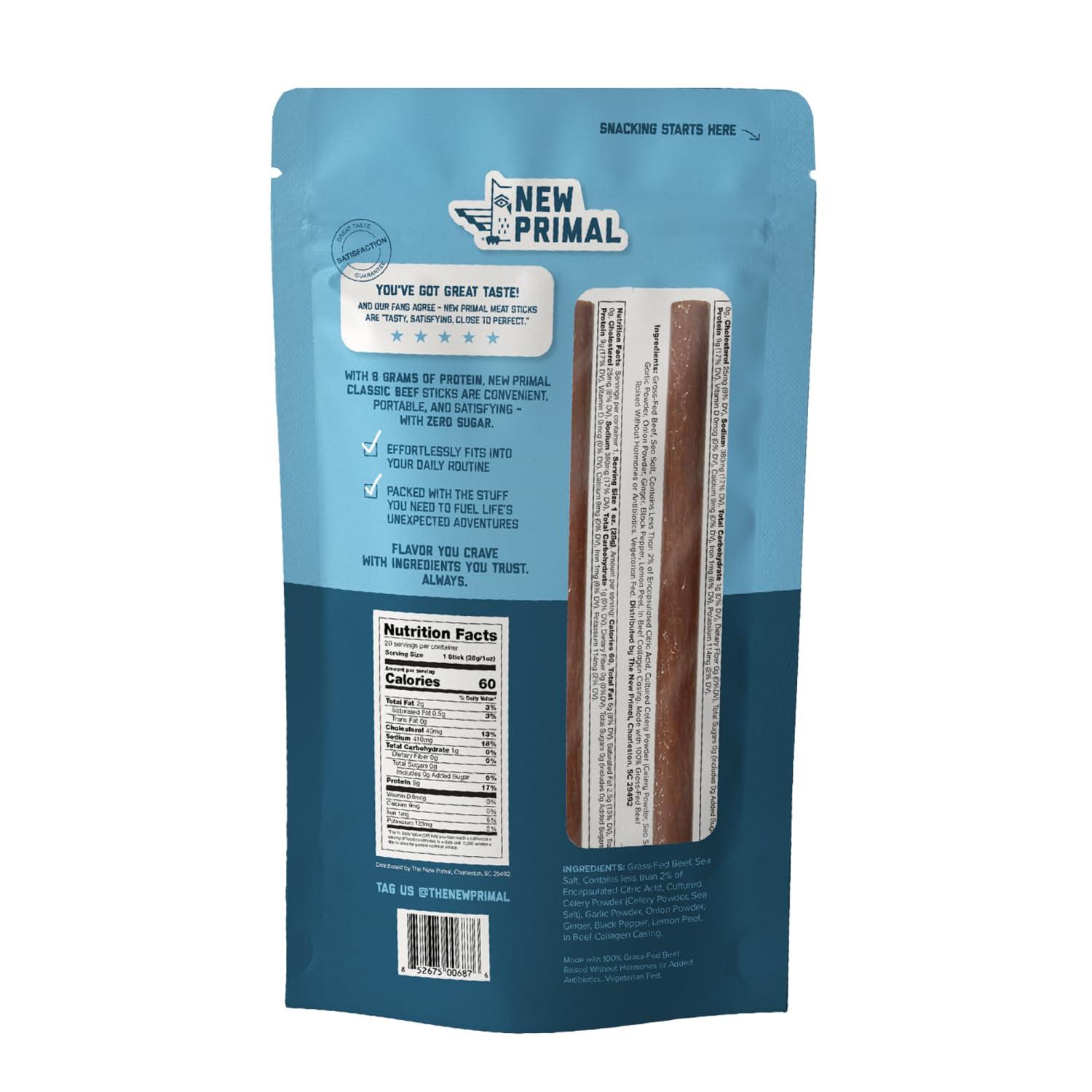 The New Primal The New Primal Grass Fed Beef Sticks, Keto, Gluten Free Healthy Snacks for Adults, Sugar Free Low Carb High Protein Snack, Paleo Whole30 Jerky Meat Stick, 8g Protein, 5 Pack