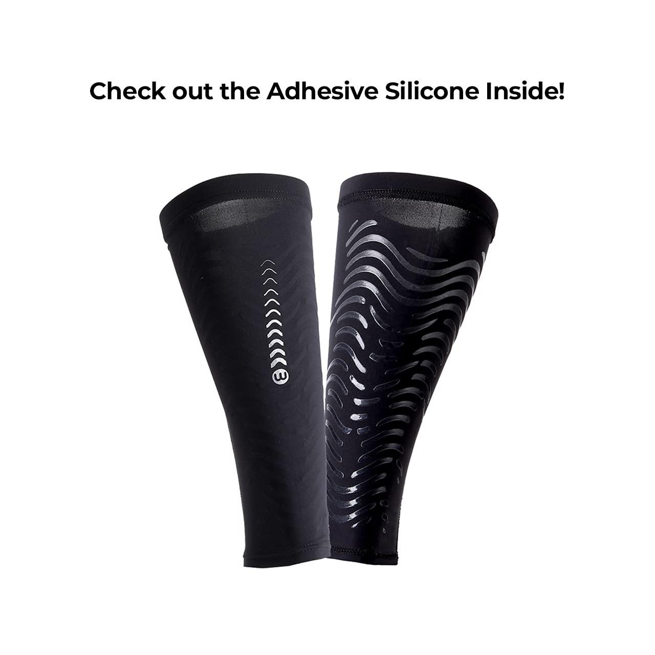 wavewear wavewear Calf Compression Sleeve with Built-in Kinesiology Tape - Support for Leg Swelling and Cramping during Workouts and Sports - for Men and Women (L, Black/Silver, 2)