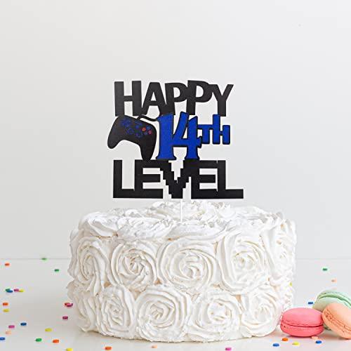 LQINBIBJ Video Game Cake Topper For Happy 14th Level Birthday Decoration - Glitter Happy 14th Birthday Video Game Cake Topper - Gamer Levle 14th Unlocked Birthday Party Cake Decorations