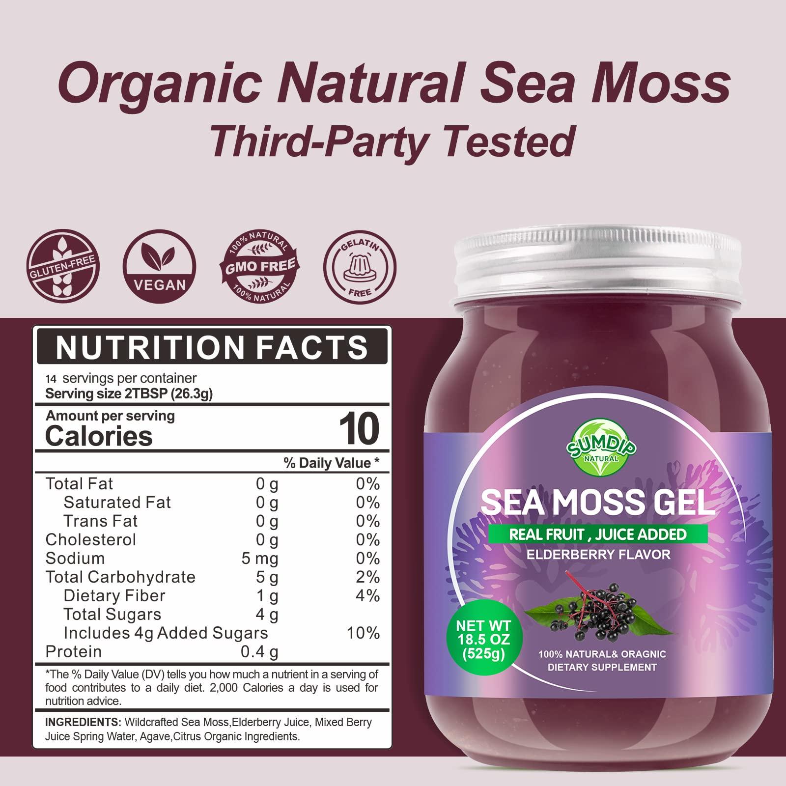 SumDIP Sea Moss Gel, Organic Raw Wildcrafted Irish Seamoss Gel Immune and Digestive Support Vitamin Mineral Antioxidant Supplements, Elderberry,Mixed Berry Flavor 12oz