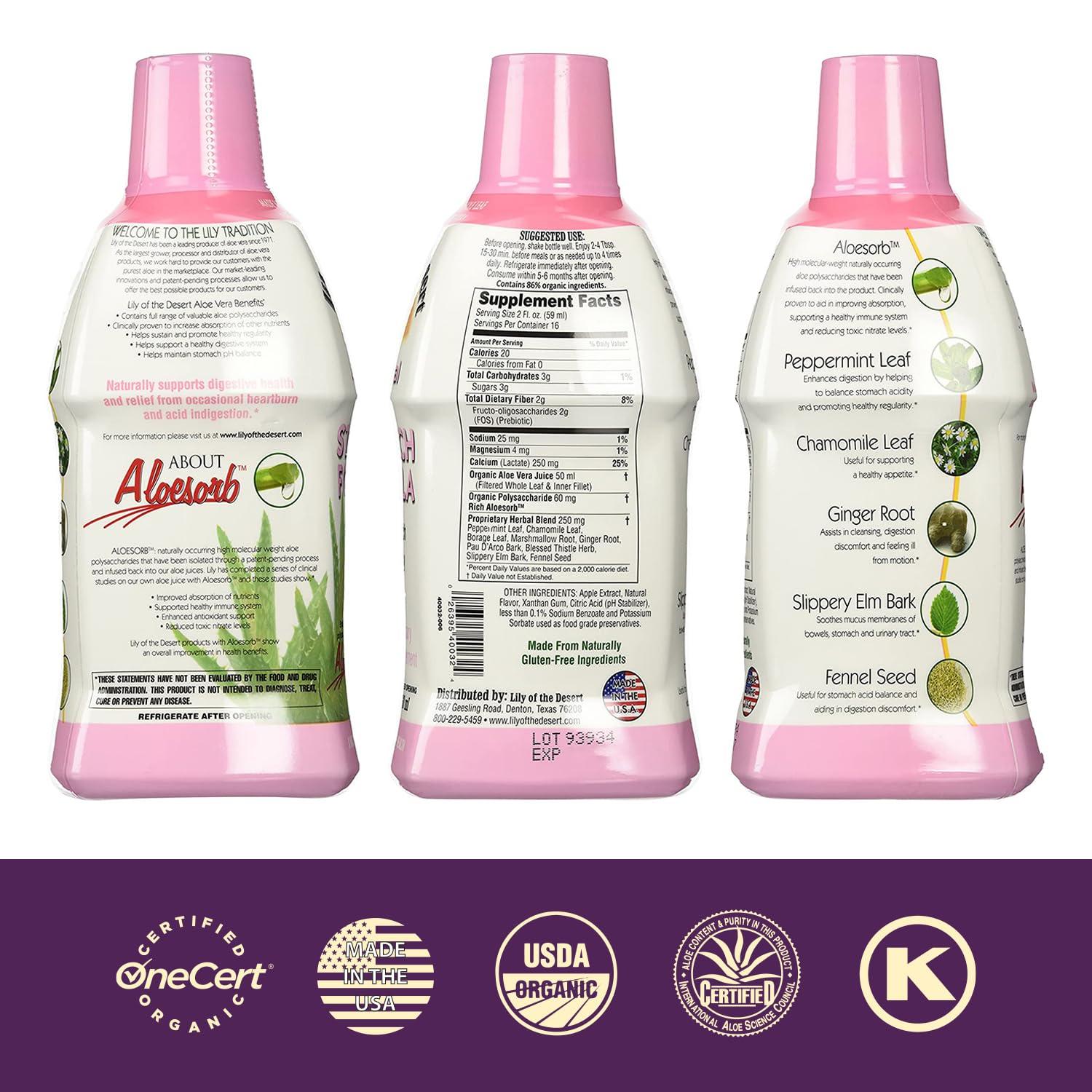 Lily Of The Desert Lily Of The Desert Stomach Formula, Organic Aloe Vera Juice with Slippery Elm, Chamomile, Peppermint, and Ginger for Gut Health, Acid Reflux, Heartburn Relief, 32 Oz (Pack of 2)