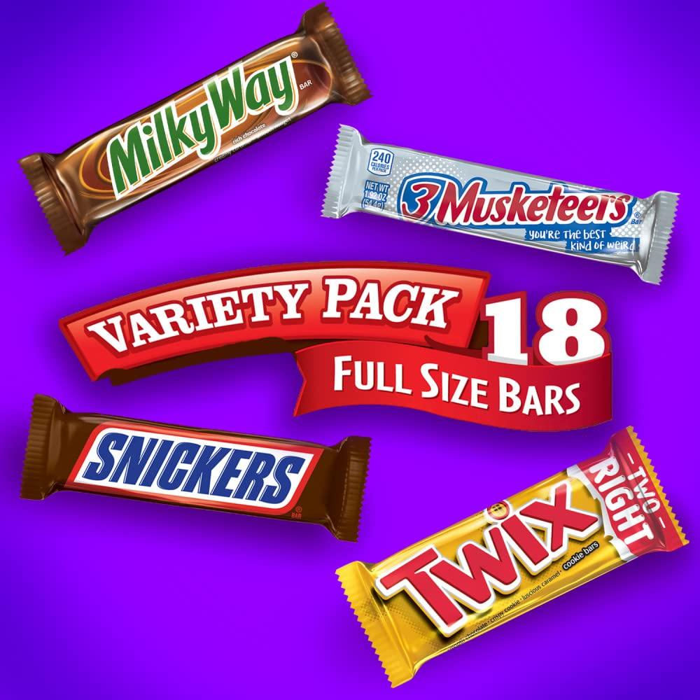 Mars SNICKERS, TWIX, 3 MUSKETEERS & MILKY WAY Full Size Christmas Candy Chocolate Bar Variety Box, 18 Count