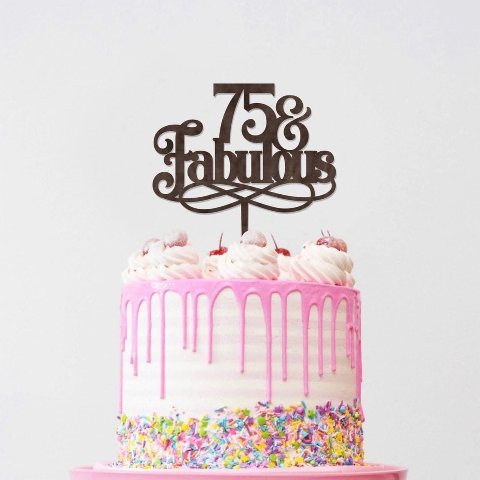 WengBeauty 75 & Fabulous Cake Toppers Brown Wood 75th Birthday Cake Decorations Supplies Happy Birthday Cake Topper Customized Age Birthday Cake Decoration Birthday Anniversary Cake Topper