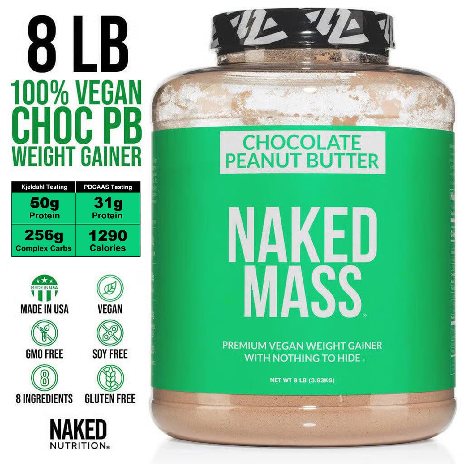NAKED NAKED Chocolate Peanut Butter Vegan Mass - 1,290 Calories, Nothing Artificial, All Natural Chocolate PB Weight Gainer Protein Powder - 8LB Bulk, GMO Free, Gluten Free & Soy Free - 11 Servings