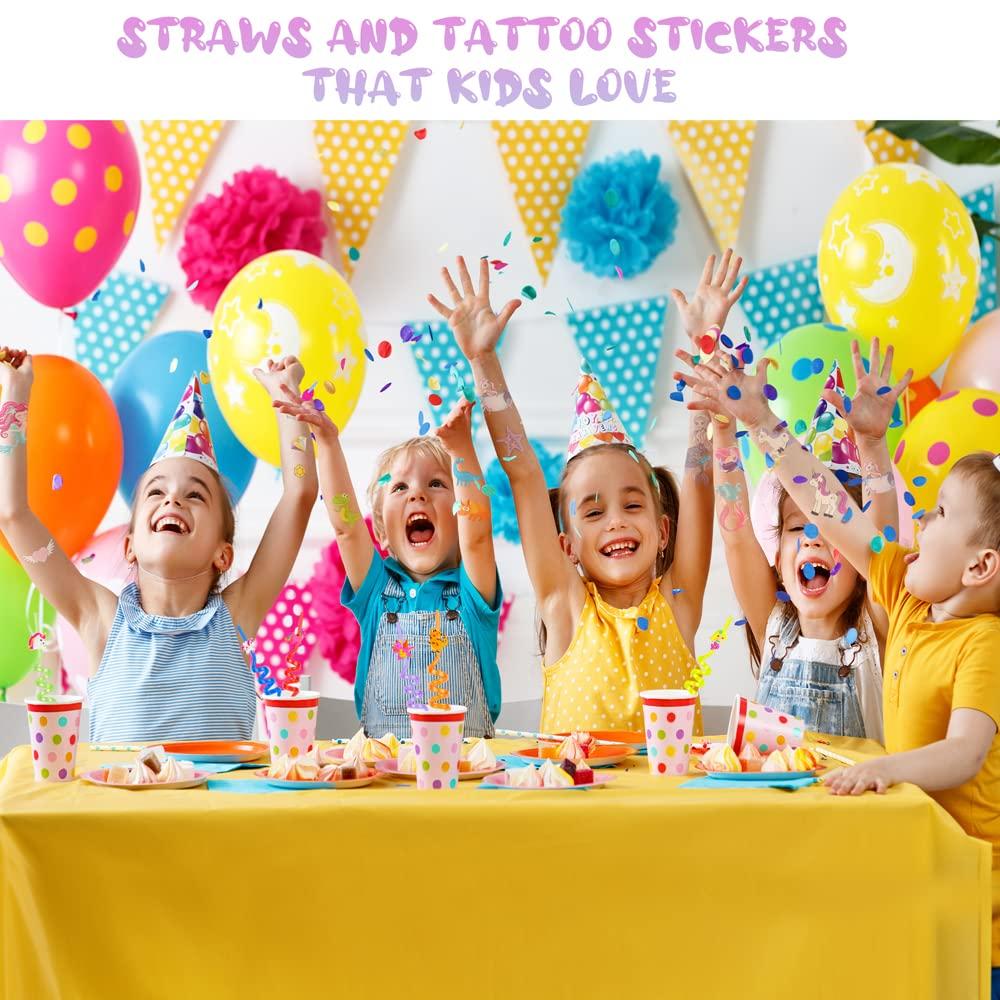 DLSMDOUS 24 Reusable Drinking Plastic Straws + 6 Temporary Tattoos or 6 Silicone bracelets for Girls and Boys Birthday Party Decorations with Unicorn,Mermaid,or Dinosoaur,plus 1 Cleaning Brush
