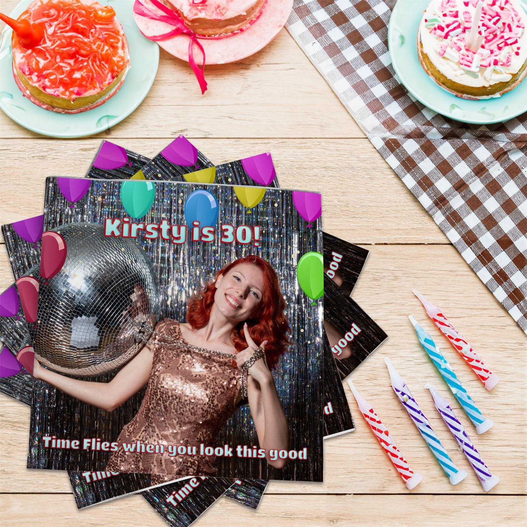 Bang Tidy Clothing Personalized Photo Beverage Napkins For Special Occasion, Birthday Party Tableware Decorations, Balloon Border Frame, Custom Disposable Luxury Linen Feel Pack of 24 Paper Serviettes