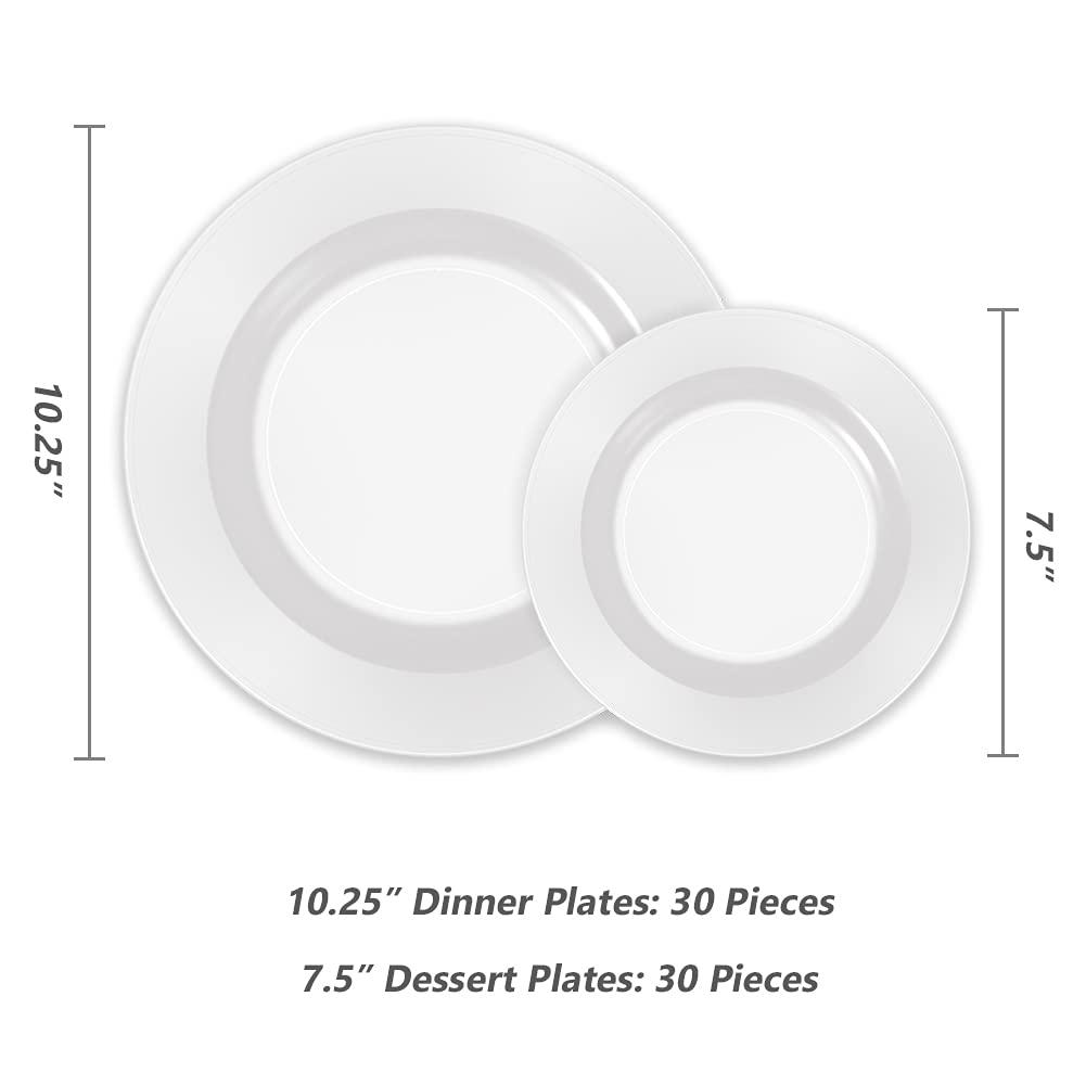 POSATE POSATE 60PCS White Disposable Plastic Plates, Heavy Duty Plates for Wedding/Party, 30PCS Dinner Plates 10.25 and 30PCS Dessert/Salad Plates 7.5, White Plates for Party Event