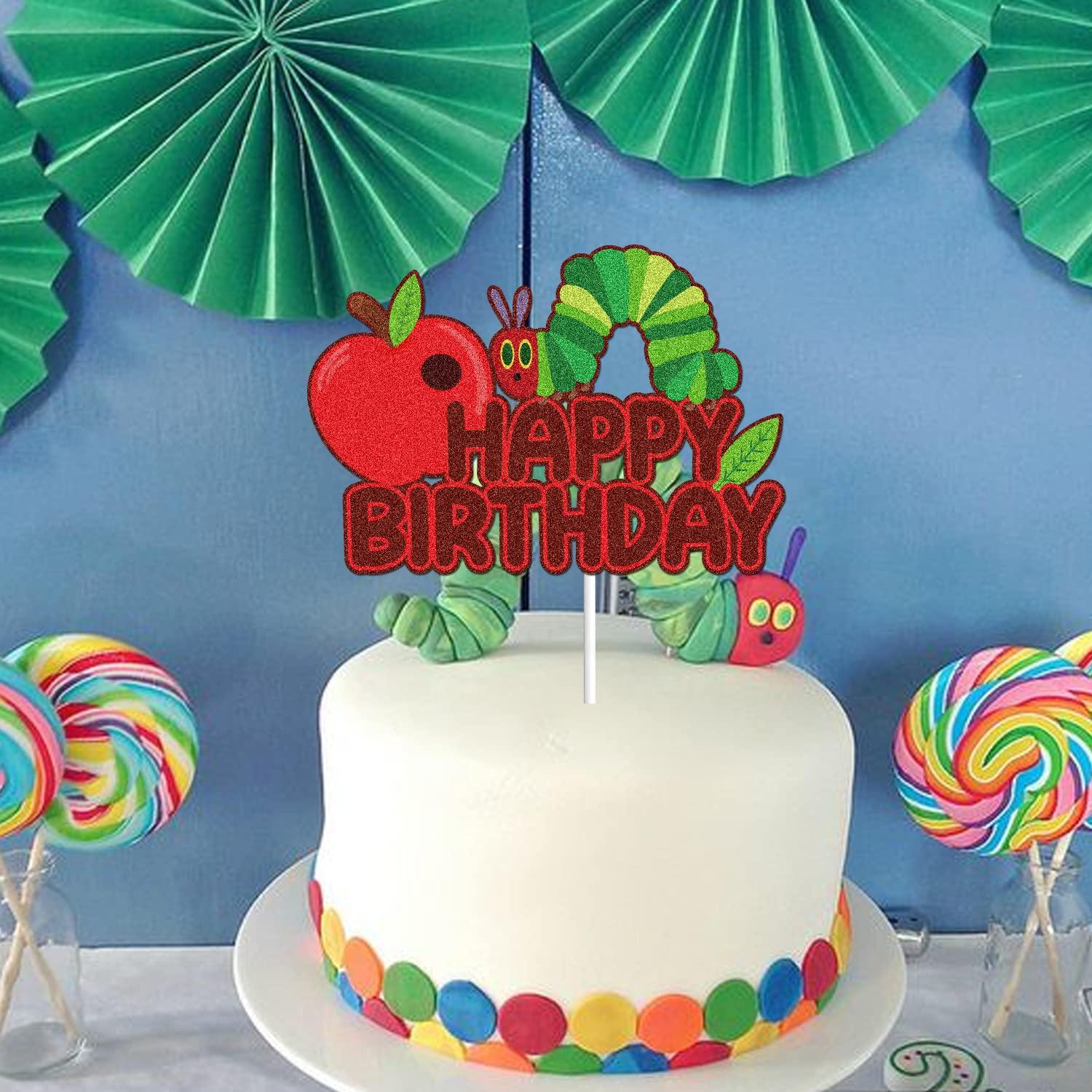 LINGBOOM Hunger Caterpillar Happy Birthday Cake Topper Fairy tales Very Hungry Caterpillar Butterfly Birthday Cake Decoration Red Glitter Juicy Fruit Theme Birthday Party Supplies
