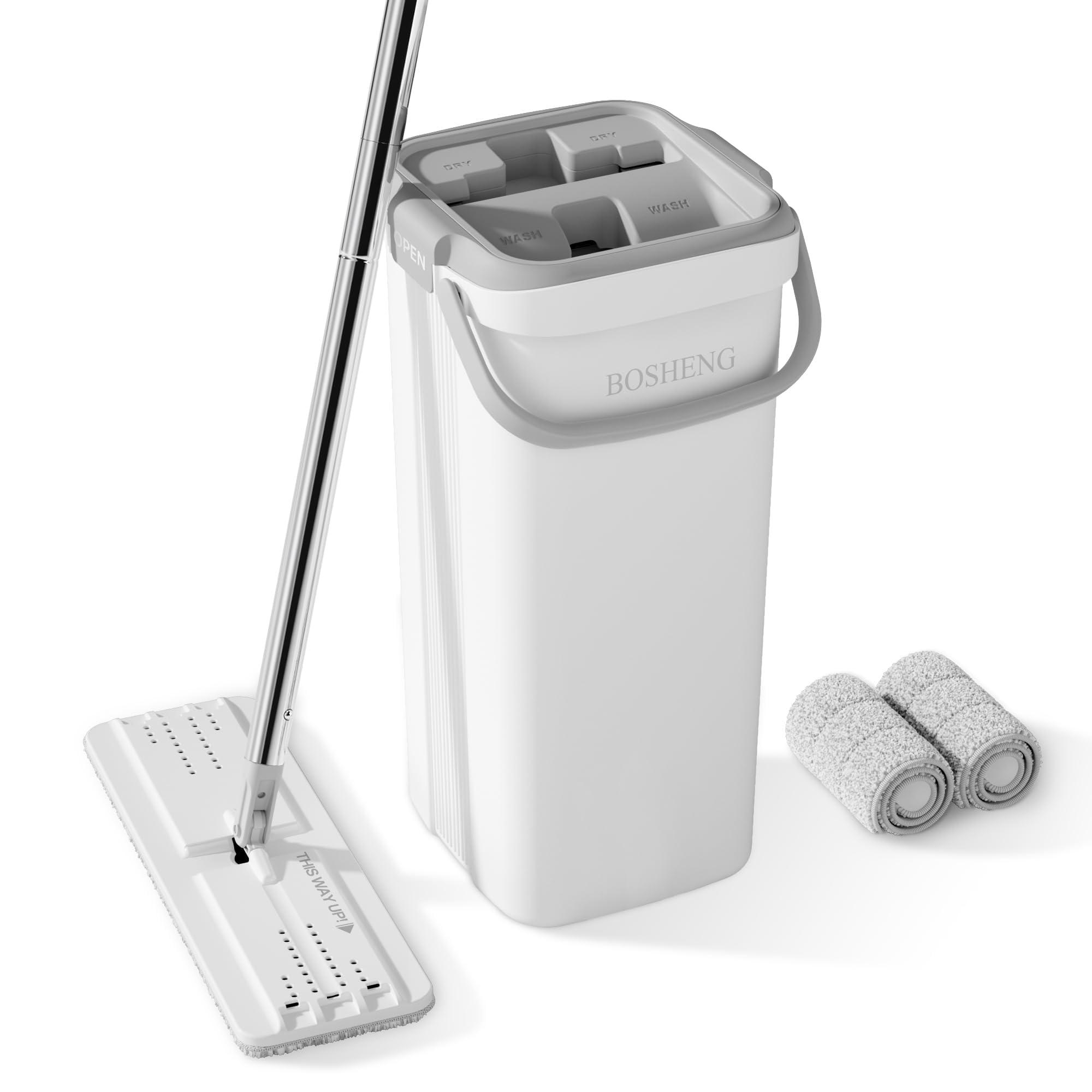 BOSHENG BOSHENG Mop and Bucket with Wringer Set, Easy-to-Use Flat Floor Mop for Efficient Home Cleaning, Includes 2 Reusable Microfiber Pads, Ideal for Floors and Walls